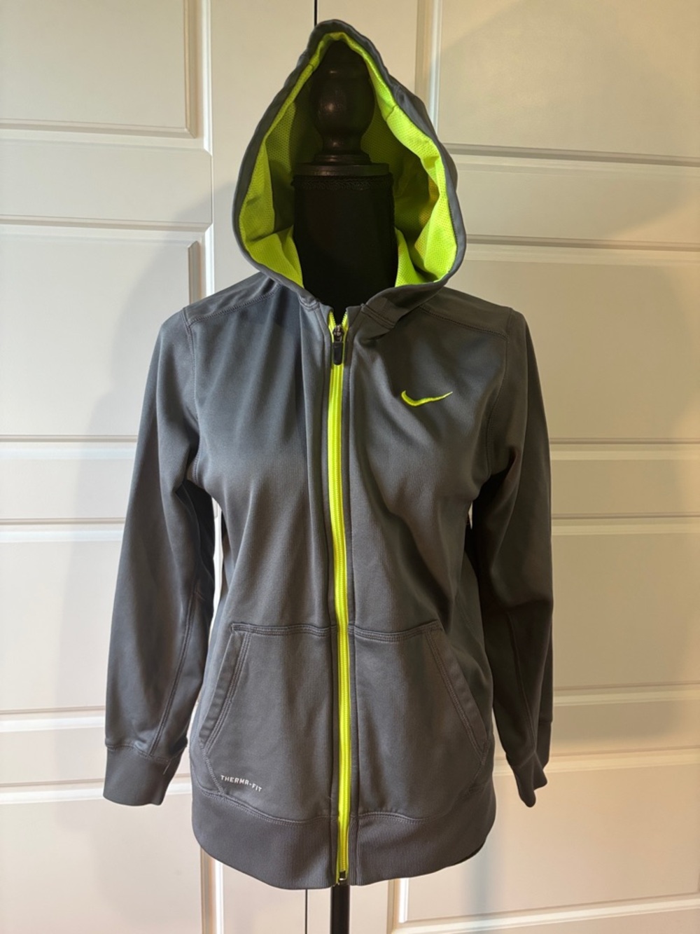 Nike Kids Gray Hooded Jacket with Neon Yellow Trim